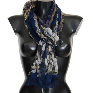 Versace Blue Floral Leopard Extra Long Silk Scarf